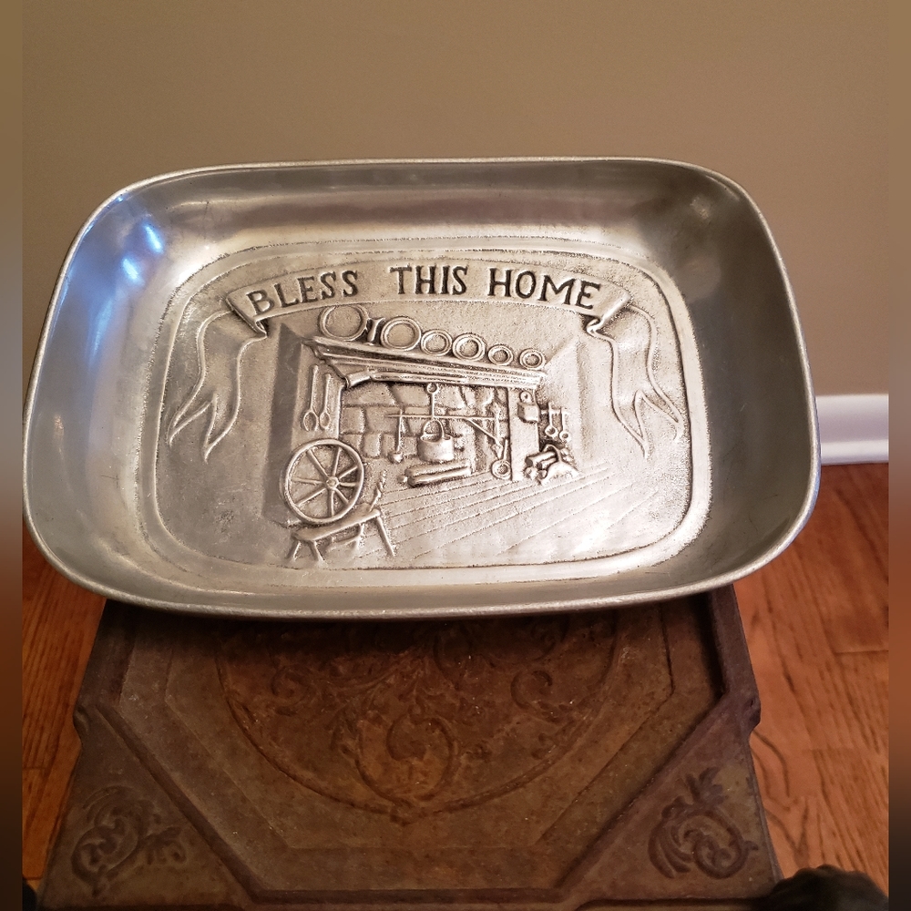 Vintage Pewtarex 8' bread plate, Bless This Home. 9' long